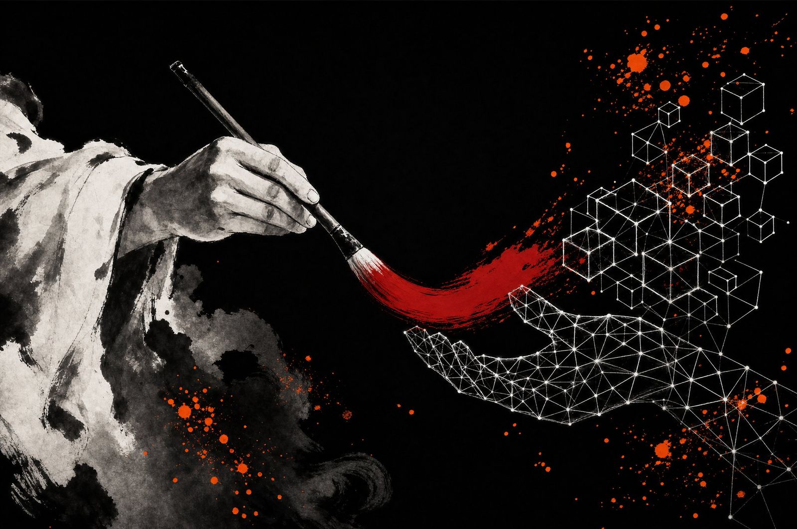Ink painting — a painter's hand meeting a wireframe hand
